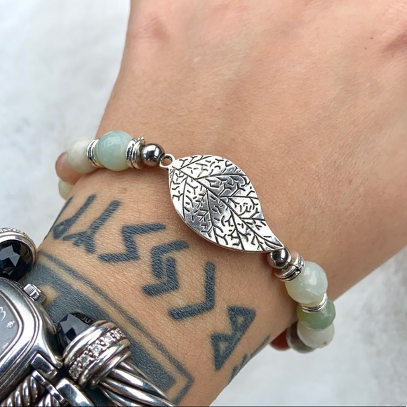 Leaf amazonite bracelet . Faceted amazonite gemstones beads silver leaf charm - Picture 5 of 10